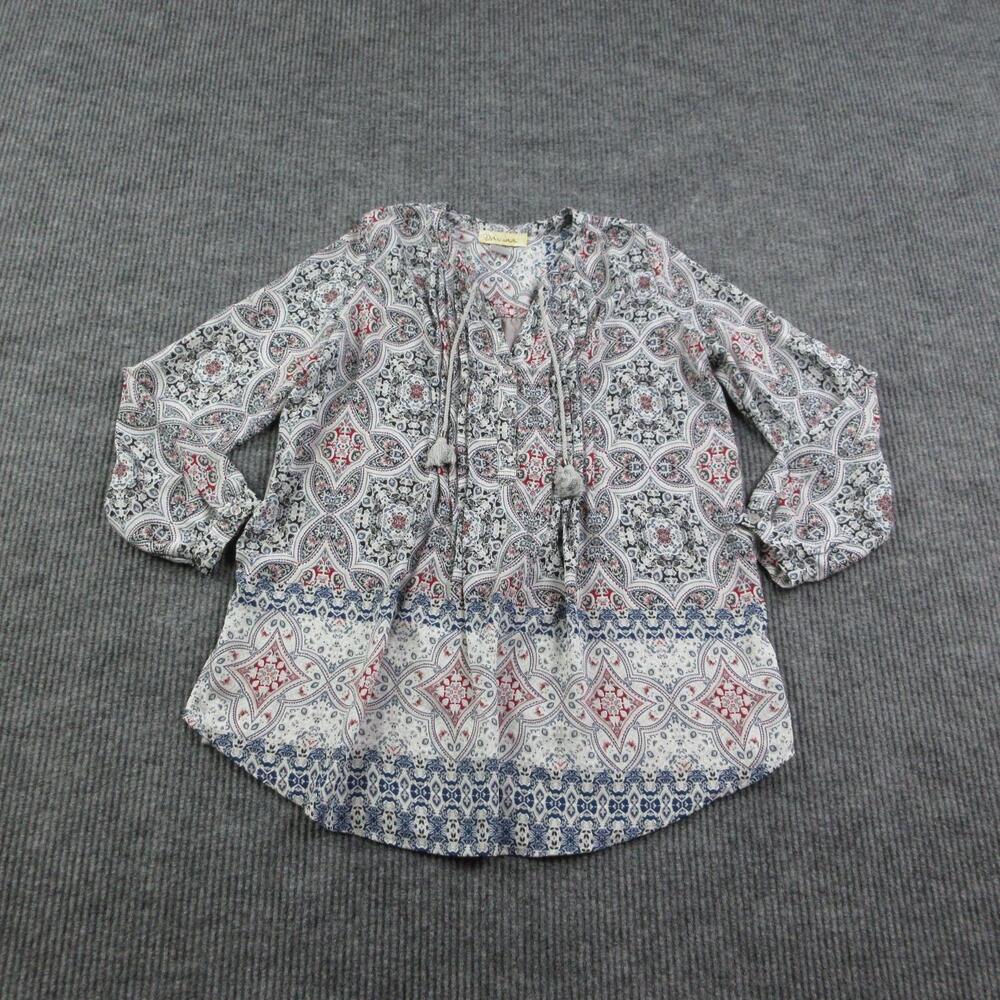 Davina Blouse Womens XS White Tunic V-Neck 3/4 Balloon Sleeve Paisley Tassel